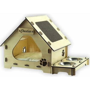 Woodenreal Kedi Evi + Mama Kabı + Kedi Tırmalama Tahtası