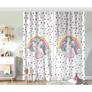 RealHomes  Çift Kanat Beyaz Zeminde Unicorn At ve Yıldızlar Çocuk Odası Fon Perde