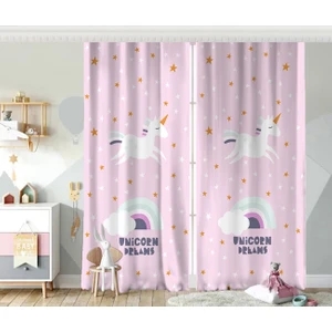 Çift Kanat Siyah Zeminli Magic Unicorn Tasarımlı Çocuk Odası Fon Perde