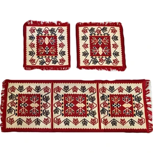 3'lü Oto Koltuk Kilim Seti - Ön ve Arka Koltuk Üstü 3 Parça Takım - Kırmızı-Bej Minder