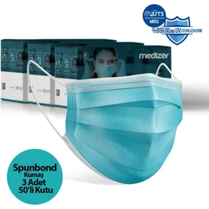 Medizer Full Ultrasonik Cerrahi Ağız Maskesi 3 Katlı Spunbond Kumaş 150 Adet - Burun Telli - Mavi