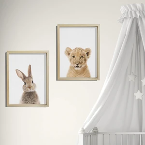 Dekor Loft Doğal Çam Çerçeveli Bebek ve Çocuk Odası Duvar Tablosu Tavşan ve Aslan