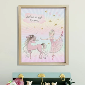 Dekor Loft Doğal Çam Çerçeveli Bebek ve Çocuk Odası Duvar Tablosu Gökkuşağı Balerin ve Unicorn