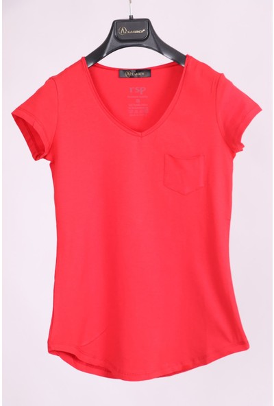 Aclassics Kırmızı Siyah V Yaka Cep Detaylı Yarım Kollu Slim Fit Pamuk 2'li Paket T-Shirt