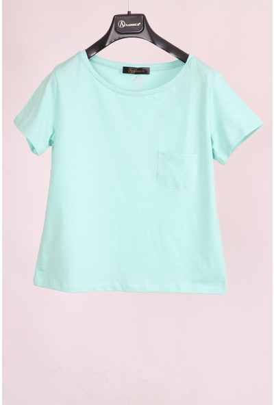 Aclassics Mint Yeşili Oval Yaka Cep Detaylı Yarım Kollu Salaş Pamuk Kısa T-Shirt