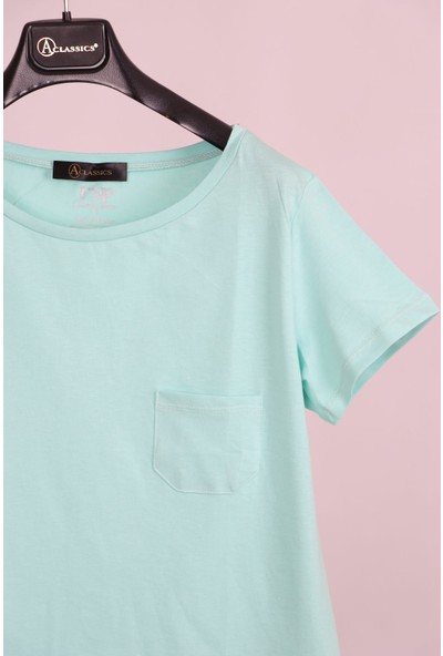 Aclassics Mint Yeşili Oval Yaka Cep Detaylı Yarım Kollu Salaş Pamuk Kısa T-Shirt
