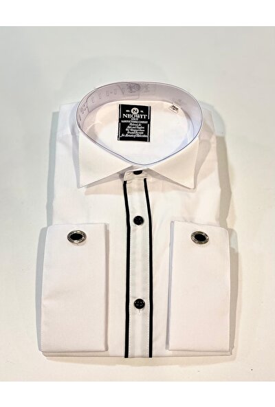 Neowit Beyaz Siyah Şeritli Kol Düğmeli Slim Fit Gömlek