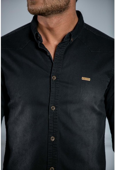 Abay Erkek Siyah Likralı Kot Gömlek N6028