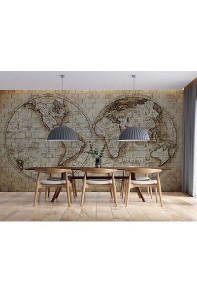 Özen Duvar Kağıdı 3 Boyutlu Taş Desen Zemin Üzerinde Dünya Haritası Duvar Kağıdı