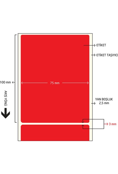 On Roll Paper 75x100 Kırmızı Renkli Termal Barkod Etiketi 500'lü Sarım 6 Rulo Toplam: 3.000 Adet