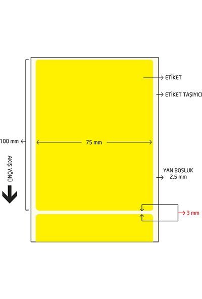 On Roll Paper 75x100 Sarı Renkli Termal Barkod Etiketi 500'lü Sarım 6 Rulo Toplam: 3.000 Adet