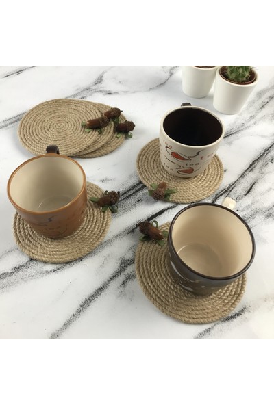 Fancyagnes Yeşil Kurdeleli Hasır Meşe Bardak Altlığı 6 Kişilik