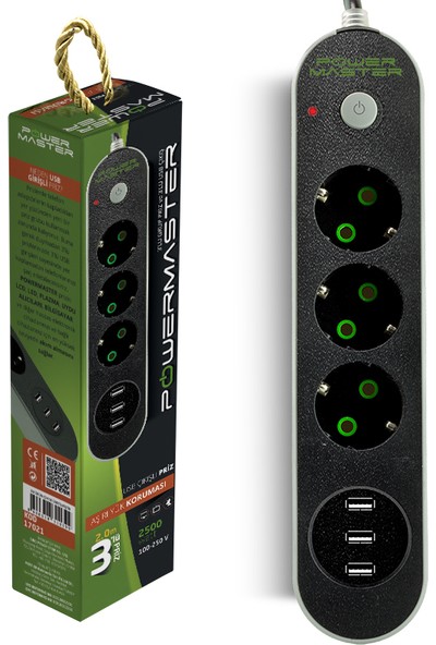 Powermaster PM-17021 3 USB Çıkışlı 3'lü 2 Metre Kablolu Akım Korumalı Priz 10A-2500 Watt