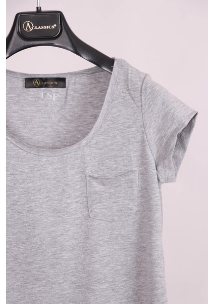 Gri Bisiklet Yaka Cep Detaylı Yarım Kollu Slim Fit Pamuk T-Shirt fiyatları