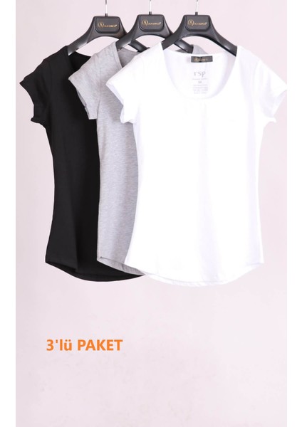 Beyaz Siyah Gri Bisiklet Yaka Cep Detaylı Slim Fit Pamuk 3'lü Paket T-Shirt