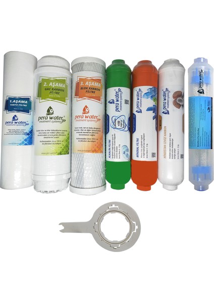 Açık Kasa Su Arıtma Cihazlarına Uygun Mebransız 7 Li Alkali + Mineral + Detox Filtre Seti Açma Anahtarı ile Birlikte