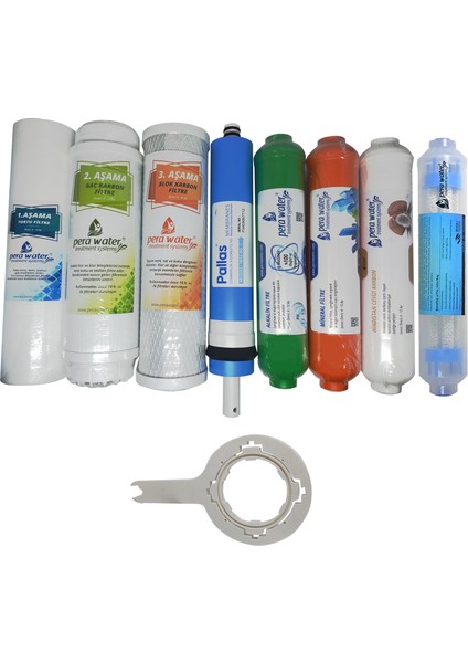 Açık Kasa Su Arıtma Cihazlarına Uygun Pallas Mebran 8 Li Alkali + Mineral + Detox Filtre Seti Açma Anahtarı ile Birlikte