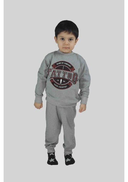 Erkek Çocuk Baskılı Gri Pamuklu Eşofman Takımı