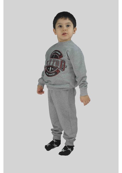 Erkek Çocuk Baskılı Gri Pamuklu Eşofman Takımı