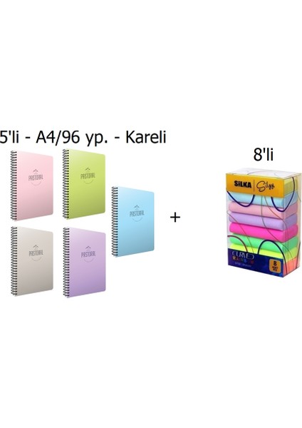 A4 Pastoral Spiralli Pp Kapak Kareli Defter 5'li + Silka Pastel Silgi 8'li