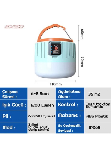 Güneş Enerjili Solar LED Su Geçirmez USB Şarjlı Kamp Feneri