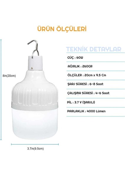 3 Modlu USB Şarjlı Asılabilir LED Lamba Beyaz