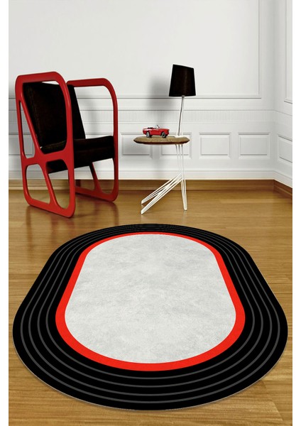 Lacivert Kutu Desenli Oval Halı (Makinada Yıkanabilir Kaymaz DotTaban) - CP551