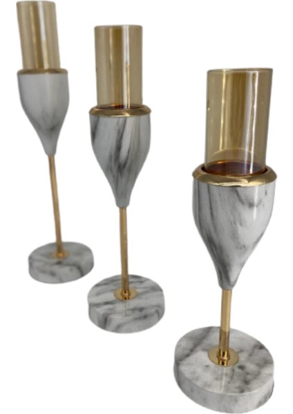 Açık Gri Mermer Desenli Kadeh Model Şamdan Mumluk 40-35-30 modelleri