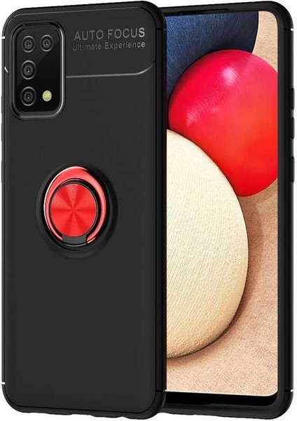 Samsung Galaxy A02S Kılıf Ultra Korumalı Yüzüklü Manyetik Ravel Silikon + Tam Kaplayan 6d Nano Ekran Koruyucu Siyah - Kırmızı