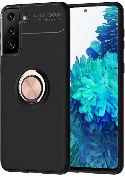 - Samsung Galaxy S21 - Kılıf Yüzüklü Karbon Ravel Silikon Kapak - Siyah-Rose Gold - T16046