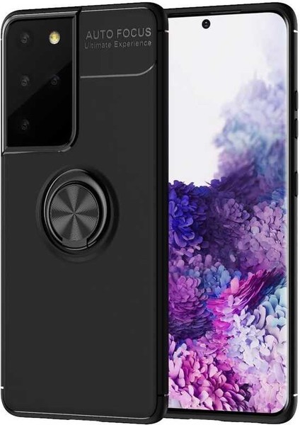 Samsung Galaxy S21 Ultra Kılıf Ultra Korumalı Yüzüklü Manyetik Ravel Silikon + Tam Kaplayan 6d Polymer Nano Ekran Koruyucu Siyah