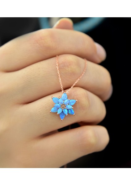 925 Ayar Gümüş Turkuaz Doğal Opal Taşlı Lotus Kolye