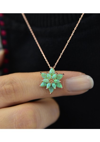 925 Ayar Gümüş Yeşil Doğal Opal Taşlı Lotus Kolye fiyatları