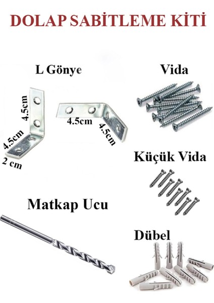 Gri L Demir Dolap Sabitleme 20*45*45 Masa Gönye (10 Adet) + Vida +Dubel + Elmas Beton Matkap Ucu