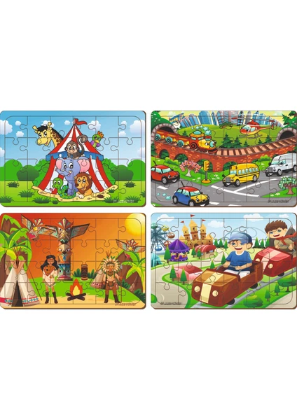 4 Adet 24 Parça Ahşap Puzzle Yapboz Set-5