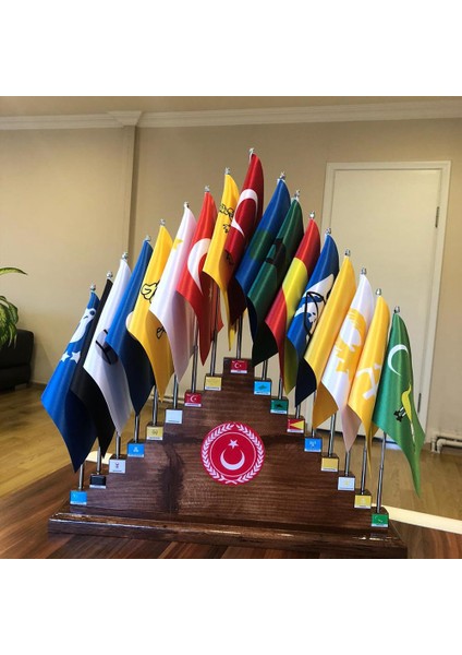 17 Eski Türk Devletleri Ahşap Kaideli Saten Kumaş Bayrak Seti fiyatları