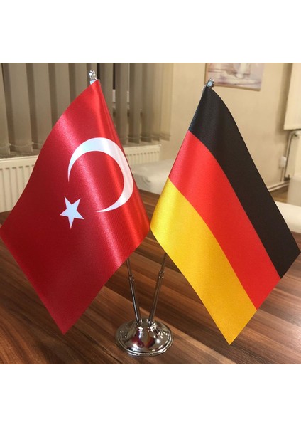 Almanya - Türkiye Masa Bayrağı Krom Direkli İkili Bayrak