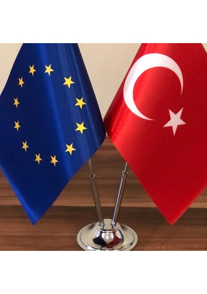 Avrupa Birliği - Türkiye Masa Bayrağı Krom Direkli İkili Bayrak