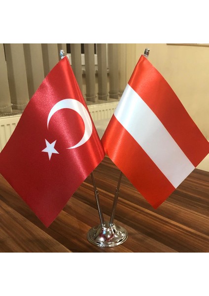 Avusturya - Türkiye Masa Bayrağı Krom Direkli İkili Bayrak