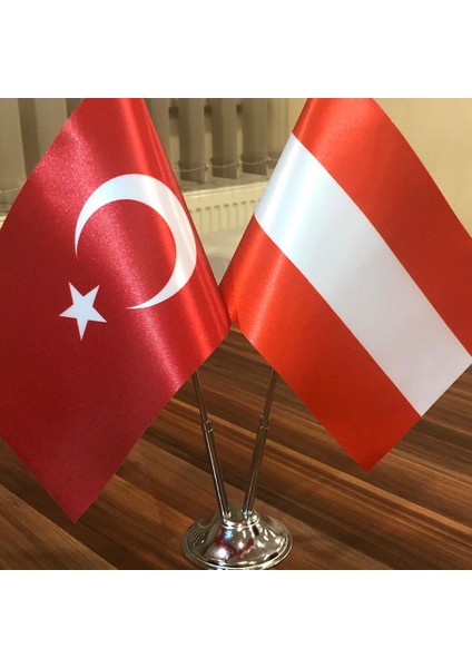 Avusturya - Türkiye Masa Bayrağı Krom Direkli İkili Bayrak