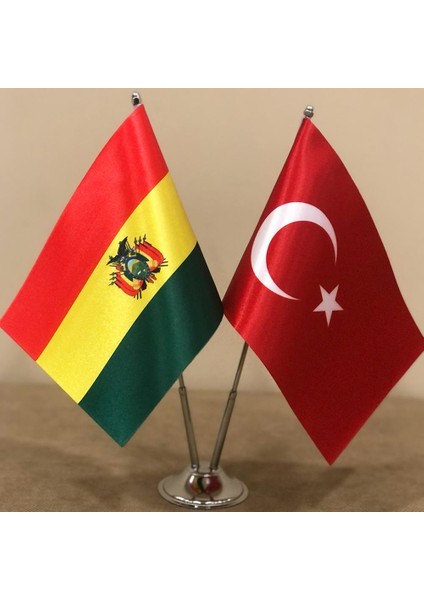 Bolivya - Türkiye Masa Bayrağı Krom Direkli İkili Bayrak