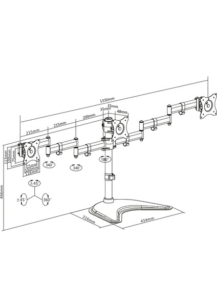 Ayaklı Üçlü Monitör Tutucusu 13-27", 3 x 8 kg (Maks.), Siyah