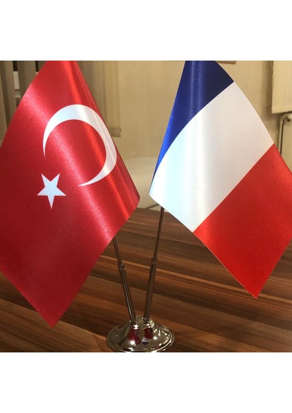 Fransa - Türkiye Masa Bayrağı Krom Direkli İkili Bayrak fiyatları