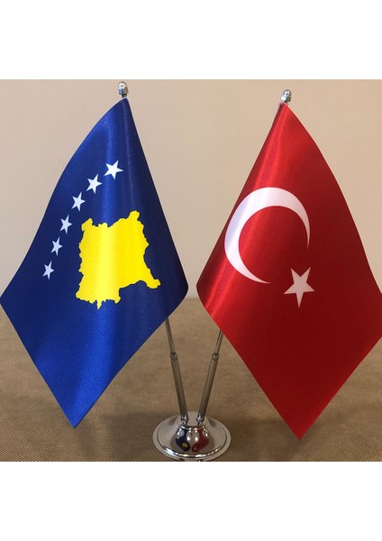 Kosova - Türkiye Masa Bayrağı Krom Direkli İkili Bayrak