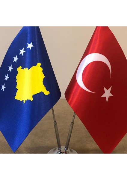 Kosova - Türkiye Masa Bayrağı Krom Direkli İkili Bayrak fiyatları