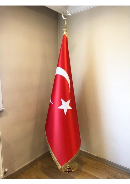 Türk Makam Bayrağı Seti Sarı Direkli Simli Saten Kumaş 225 cm
