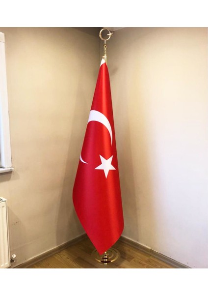 Türk Makam Bayrağı Seti Sarı Direkli Simsiz Saten Kumaş 225 cm