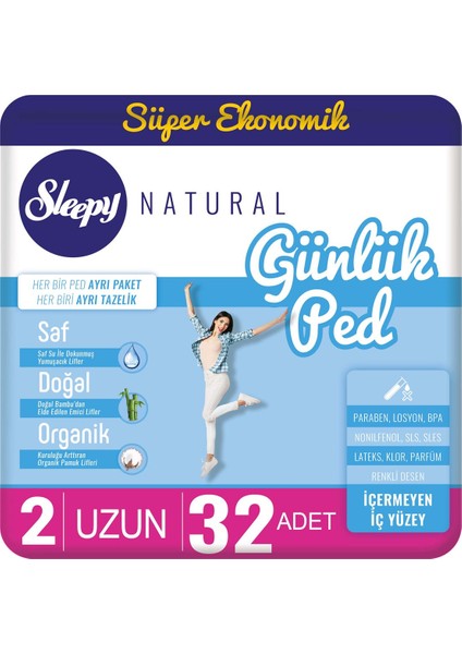Natural Uzun Günlük Ped - 32 Adet, Saf Su Dokunuşu ile, Doğal Bambu ve Organik Pamuk Liflerinden Üretilmiştir, Süper Ekonomik Paket