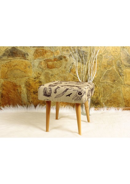 Retro Puf - Dokuma Kumaşlı (Baskı Değildir) - Masif - 40CM x 40CM - Bej