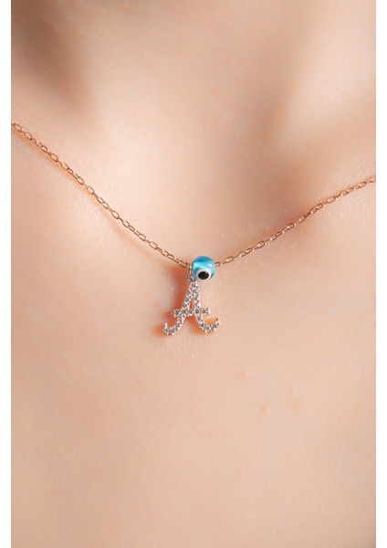Zirkon Taşlı A Harf Kolye Rose Gümüş Altın Kaplama Kadın Gümüş Kolye 925 Ayar